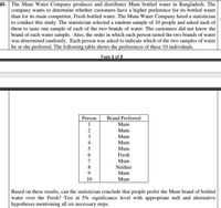 23. The Mum Water Company produces and distributes Mum bottled water in Bangladesh. The
company wants to determine whether customers have a higher preference for its bottled water
than for its main competitor, Fresh bottled water. The Mum Water Company hired a statistician
to conduct this study. The statistician selected a random sample of 10 people and asked each of
them to taste one sample of each of the two brands of water. The customers did not know the
brand of each water sample. Also, the order in which each person tasted the two brands of water
was determined randomly. Each person was asked to indicate which of the two samples of water
he or she preferred. The following table shows the preferences of these 10 individuals.
Page 1 of 2
Person
Brand Preferred
1
Mum
2
Mum
Mum
4
Mum
5
Mum
Fresh
7
Mum
Neither
9.
Mum
10
Mum
Based on these results, can the statistician conclude that people prefer the Mum brand of bottled
water over the Fresh? Test at 5% significance level with appropriate null and alternative
hypotheses mentioning all six necessary steps.
