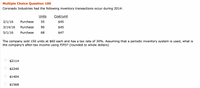 Multiple Choice Question 100
Coronado Industries had the following inventory transactions occur during 2014:
Units
Cost/unit
2/1/16
Purchase
55
$45
06
68
3/14/16
Purchase
$45
5/1/16
Purchase
$47
The company sold 150 units at $60 each and has a tax rate of 30%. Assuming that a periodic inventory system is used, what is
the company's after-tax income using FIFO? (rounded to whole dollars)
$2114
$2240
$1404
$1568
