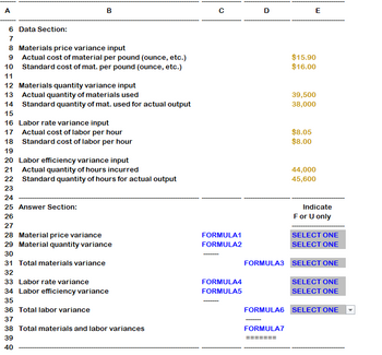 A
6 Data Section:
7
8 Materials price variance input
9 Actual cost of material per pound (ounce, etc.)
Standard cost of mat. per pound (ounce, etc.)
10
11
B
12 Materials quantity variance input
13
Actual quantity of materials used
14
Standard quantity of mat. used for actual output
15
16 Labor rate variance input
17 Actual cost of labor per hour
18
Standard cost of labor per hour
19
20 Labor efficiency variance input
Actual quantity of hours incurred
21
22
23
24
25 Answer Section:
26
Standard quantity of hours for actual output
27
28 Material price variance
29 Material quantity variance
30
31 Total materials variance
32
33 Labor rate variance
34 Labor efficiency variance
35
39
40
36 Total labor variance
37
38 Total materials and labor variances
с
FORMULA1
FORMULA2
FORMULA4
FORMULA5
D
E
$15.90
$16.00
FORMULA7
=======
39,500
38,000
$8.05
$8.00
44,000
45,600
Indicate
For U only
SELECT ONE
SELECT ONE
FORMULA3 SELECT ONE
SELECT ONE
SELECT ONE
FORMULA6 SELECT ONE