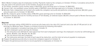 Metro Media Company pays its employees monthly. Payments made by the company on October 31 follow. Cumulative amounts for
the year paid to the persons prior to the October 31 payroll are also given.
1. Tori Parker, president, gross monthly salary of $20,000; gross earnings prior to October 31, $160,000.
2. Carolyn Catz, vice president, gross monthly salary of $14,000; gross earnings paid prior to October 31, $126,000.
3. Michelle Clark, independent accountant who audits the company's accounts and performs consulting services, $16,500; gross
amounts paid prior to October 31, $42,500.
4. Will Wu, treasurer, gross monthly salary of $6,000; gross earnings prior to October 31, $54,000.
5. Payment to Review Services for monthly services of Tom Bradley, an editorial expert, $6,000; amount paid to Review Services prior
to October 31, $30,000.
Required:
1. Use an earnings ceiling of $132,900 for social security taxes and a tax rate of 6.2 percent and a tax rate of 1.45 percent on allI
earnings for Medicare taxes. Prepare a schedule showing the following information:
a. Each employee's cumulative earnings prior to October 31.
b. Each employee's gross earnings for October.
c. The amounts to be withheld for each payroll tax from each employee's earnings; the employee's income tax withholdings are
Parker, $5,600; Catz, $4,200; Wu, $1,320.
d. The net amount due each employee.
e. The total gross earnings, the total of each payroll tax deduction, and the total net amount payable to employees.
2. Prepare the general journal entry to record the company's payroll on October 31.
3. Prepare the general journal entry to record payments to employees on October 31.
