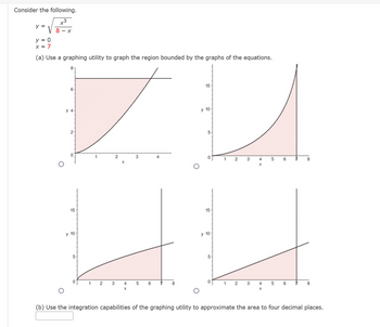 Consider the following.
x3
√8-x
y =
y = 0
x = 7
(a) Use a graphing utility to graph the region bounded by the graphs of the equations.
6-
y 4-
15
y 10-
5-
1
2
3
X
3
4 5 6
X
O
15
y 10-
5-
15
y 10-
5
1
2
3
4
X
5
2 3 4 5
6
6
8
8
(b) Use the integration capabilities of the graphing utility to approximate the area to four decimal places.