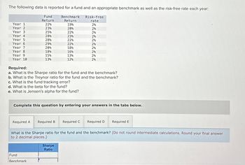 The following data is reported for a fund and an appropriate benchmark as well as the risk-free rate each year:
Benchmark
Return
19%
20%
22%
23%
22%
22%
18%
16%
13%
12%
Year 1
Year 2
Year 3
Year 4
Year 5
Year 6
Year 7
Year 8
Year 9
Year 10
Required A
Fund
Return
Required:
a. What is the Sharpe ratio for the fund and the benchmark?
b. What is the Treynor ratio for the fund and the benchmark?
c. What is the fund tracking error?
d. What is the beta for the fund?
e. What is Jensen's alpha for the fund?
22%
23%
25%
28%
28%
29%
20%
18%
15%
13%
Complete this question by entering your answers in the tabs below.
Fund
Benchmark
Required B
Risk-free
rate
2%
2%
2%
2%
2%
2%
2%
2%
2%
2%
Required C
Sharpe
Ratio
What is the Sharpe ratio for the fund and the benchmark? (Do not round intermediate calculations. Round your final answer
to 2 decimal places.)
Required D
Required E