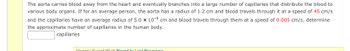 **Problem Statement on Blood Distribution in Human Body**

The aorta carries blood away from the heart and eventually branches into a large number of capillaries that distribute the blood to various body organs. If for an average person, the aorta has a radius of 1.2 cm and blood travels through it at a speed of 45 cm/s, and the capillaries have an average radius of 5.0 x 10^-4 cm and blood travels through them at a speed of 0.005 cm/s, determine the approximate number of capillaries in the human body.

**Answer Box:**
[________] capillaries

**Explanation:**

This problem involves understanding blood flow dynamics through different parts of the circulatory system. The aorta, being the primary artery from the heart, branches into numerous capillaries. Here are the specific details provided:

- **Aorta**:
  - Radius: 1.2 cm
  - Blood speed: 45 cm/s

- **Capillaries**:
  - Average radius: 5.0 x 10^-4 cm
  - Blood speed: 0.005 cm/s

Using these values, we'll apply the principle of conservation of mass (continuity equation) to determine the approximate number of capillaries in the body.