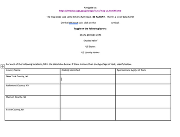 Richmond County, NY
Hudson County, NJ
Navigate to:
https://mrdata.usgs.gov/geology/state/map-us.html#home
Essex County, NJ
The map does take some time to fully load. BE PATIENT. There's a lot of data here!
On the left hand side, click on the
symbol.
Toggle on the following layers:
-SGMC geologic units
-Shaded relief
For each of the following locations, fill in the data table below. If there is more than one type/age of rock, specify below.
County Name
Rock(s) Identified
New York County, NY
-US States
-US county names
Approximate Age(s) of Rock