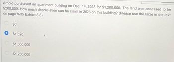 Arnold purchased an apartment building on Dec. 14, 2023 for $1,200,000. The land was assessed to be
$200,000. How much depreciation can he claim in 2023 on this building? (Please use the table in the text
on page 8-35 Exhibit 8.8)
$0
O $1,520
$1,000,000
$1,200,000