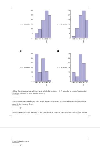 O
301
25
of Nurses 15-
20
10
to two decimal places.)
yr
5-
0
30
25-
20
of Nurses 15-
10-
5-
0
24.5 34.5 44.5 54.5 64.5
99
24.5 34.5 44.5 54.5 64.5
a
301
25
20
of Nurses 15
10
5-
0
30
25-
20
of Nurses 15-
10
5
24.5 34.5 44.5 54.5 64.5
å
24.5 34.5 44.5 54.5 64.5
ģ
(c) Find the probability that a British nurse selected at random in 1851 would be 60 years of age or older.
(Round your answer to three decimal places.)
(d) Compute the expected age of a British nurse contemporary to Florence Nightingale. (Round your
answer to two decimal places.)
yr
(e) Compute the standard deviation or for ages of nurses shown in the distribution. (Round your answer
L