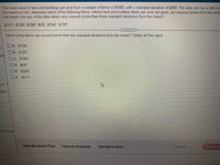 **Question: Identifying Unusual Values Using the Empirical Rule**

The mean value of land and buildings per acre from a sample of farms is $1600, with a standard deviation of $300. The data set has a bell-shaped distribution. Using the empirical rule, determine which of the following farms, whose land and building values per acre are given, are unusual (more than two standard deviations from the mean). Are any of the data values very unusual (more than three standard deviations from the mean)?

Values: $2131, $2209, $2065, $535, $1542, $1207

**Question: Which of the farms are unusual (more than two standard deviations from the mean)? Select all that apply.**

- A. $1542
- B. $1207
- C. $2209
- D. $535
- E. $2065
- F. $2131

**Options to assist:**

- Help Me Solve This
- View an Example
- Get More Help

**Interactive Options:**

- Clear All
- Check Answer