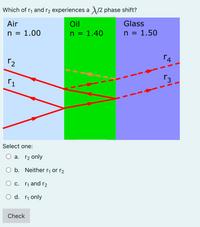 Which of r₁ and 2 experiences a/2 phase shift?
Air
Oil
n = 1.00
n =
1.40
22
Select one:
a. r₂ only
b. Neither r₁ or r₂
c.
₁ and ₂
d.
₁ only
Check
Glass
n = 1.50
4