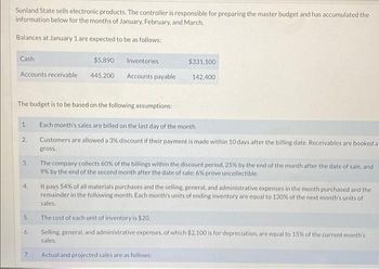 Sunland State sells electronic products. The controller is responsible for preparing the master budget and has accumulated the
information below for the months of January, February, and March.
Balances at January 1 are expected to be as follows:
Cash
$5,890
Accounts receivable 445,200
The budget is to be based on the following assumptions:
1.
2.
3.
4.
5.
6.
Inventories
Accounts payable
7.
$331,100
142,400
Each month's sales are billed on the last day of the month.
Customers are allowed a 3% discount if their payment is made within 10 days after the billing date. Receivables are booked a
gross.
The company collects 60% of the billings within the discount period, 25% by the end of the month after the date of sale, and
9% by the end of the second month after the date of sale: 6% prove uncollectible.
It pays 54% of all materials purchases and the selling, general, and administrative expenses in the month purchased and the
remainder in the following month. Each month's units of ending inventory are equal to 130% of the next month's units of
sales.
The cost of each unit of inventory is $20.
Selling, general, and administrative expenses, of which $2,100 is for depreciation, are equal to 15% of the current month's
sales.
Actual and projected sales are as follows: