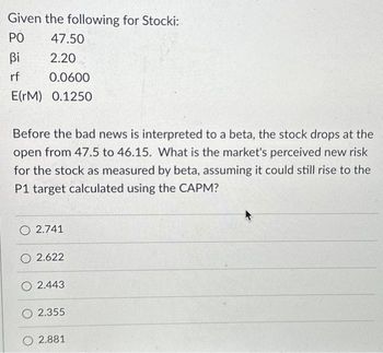 Given the following for Stocki:
PO
Bi
rf
47.50
2.20
0.0600
E(rM) 0.1250
Before the bad news is interpreted to a beta, the stock drops at the
open from 47.5 to 46.15. What is the market's perceived new risk
for the stock as measured by beta, assuming it could still rise to the
P1 target calculated using the CAPM?
O 2.741
2.622
O2.443
O 2.355
2.881