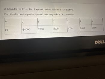 3. Consider the CF profile of a project below. Assume a MARR of 9%.
Find the discounted payback period, adopting an EOY CF convention.
Yr
CF
0
-$4000
1
2000
12
2000
3
2000
4
2000
5
3000
DELL