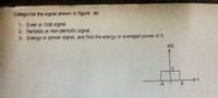 Categorize the signal shown in figure as:
1- Even or Odd signal
2- Periodic or non-periodic signal.
3- Energy or power signal, and find the energy or averaged power of it.
x(t)

