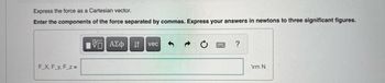 Express the force as a Cartesian vector.
Enter the components of the force separated by commas. Express your answers in newtons to three significant figures.
F_X, F_y, F_z =
V
ΑΣΦ ↓↑ vec
?
\rm N