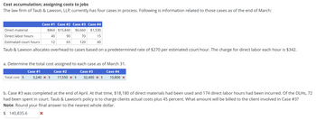 Cost accumulation; assigning costs to jobs
The law firm of Taub & Lawson, LLP, currently has four cases in process. Following is information related to those cases as of the end of March:
Case #1 Case #2 Case #3 Case #4
$864 $15,840 $6,660 $1,530
40
12
Direct material
Direct labor hours
Estimated court hours
Taub & Lawson allocates overhead to cases based on a predetermined rate of $270 per estimated court hour. The charge for direct labor each hour is $342.
Total cost $
90
65
70
120
15
40
a. Determine the total cost assigned to each case as of March 31.
Case #1
Case #2
Case #3
Case #4
3,240 x $ 17,550 * $ 32,400 x $ 10,800 ×
b. Case #3 was completed at the end of April. At that time, $18,180 of direct materials had been used and 174 direct labor hours had been incurred. Of the DLHs, 72
had been spent in court. Taub & Lawson's policy is to charge clients actual costs plus 45 percent. What amount will be billed to the client involved in Case #3?
Note: Round your final answer to the nearest whole dollar.
$ 140,835.6
X