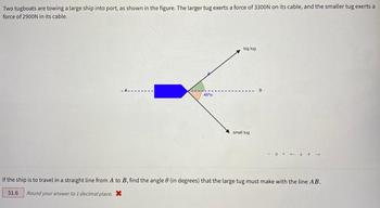 Two tugboats are towing a large ship into port, as shown in the figure. The larger tug exerts a force of 3300N on its cable, and the smaller tug exerts a
force of 2900N in its cable.
45%
big tug
small tug
If the ship is to travel in a straight line from A to B, find the angle (in degrees) that the large tug must make with the line AB.
51.6 Round your answer to 1 decimal place. *