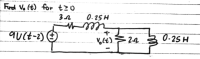 ### Educational Explanation: Analyzing an RL Circuit with a Step Function Voltage Source

#### Problem Statement:
The objective is to find \( V_o(t) \) for \( t \geq 0 \).

#### Circuit Description:
The given circuit features the following components and configuration:
- A voltage source of 9 times the unit step function, \( 9U(t-2) \), is connected in series.
- A 3-ohm resistor (\( 3 \Omega \)) is connected in series with the voltage source.
- Following the resistor is an inductor with an inductance of 0.25 Henry (\( 0.25 H \)).
- This series combination is then connected to a parallel combination that includes:
  - A 2-ohm resistor (\( 2 \Omega \))
  - Another inductor with the same inductance of 0.25 Henry (\( 0.25 H \))

The circuit forms a series-parallel RL configuration.

#### Step-by-Step Analysis:
1. **Identify the Key Variables**:
   - **Current through the circuit**.
   - **Voltage across the inductors**.

2. **Analyze the Impact of the Step Input**:
   - The voltage source \( 9U(t-2) \) implies a step function that turns on at \( t = 2 \) with a magnitude of 9V.
   - For \( t < 2 \), the voltage source is 0V.
   - For \( t \geq 2 \), the voltage source is 9V.

3. **Write the Differential Equations**:
   - The impedance of the inductors needs to be considered.
   - Initially assume steady-state solutions to find initial conditions and then solve using Laplace transforms or classical methods.

4. **Calculation and Simplification**:
   - Translate the circuit into the Laplace domain to simplify the differential equations.
   - Solve for \( V_o(s) \) and then perform the inverse Laplace transform to find \( V_o(t) \).

5. **Initial and Final Conditions**:
   - At \( t = 0 \), everything behaves as if the circuit has been at rest for a long period.
   - Evaluate the current and voltage for both resistors and inductors at \( t = 2 \), just before and after the input steps up.

#### Diagram Explanation:
- **Voltage Source**: The circle with a