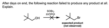 **Reaction Failure Analysis**

**Context:**

In this experiment, a starting alcohol compound was reacted with thionyl bromide (SOBr₂) in the presence of pyridine. The objective was to convert the alcohol to an alkyl bromide. However, the reaction did not yield any product despite an extended reaction duration.

**Chemical Reaction:**

- **Reactant:** An alcohol with a tert-butyl group and an OH functional group.
- **Reagents:** Thionyl bromide (SOBr₂) and pyridine.
- **Expected Product:** The alcohol was expected to be converted into an alkyl bromide with the tert-butyl structure replaced with a bromine atom.

**Diagram Description:**

The diagram illustrates the reaction process:
1. On the left, the reactant with the OH group is shown.
2. An arrow points to the right, indicating the direction of the reaction.
3. The reaction conditions, SOBr₂ and pyridine, are written above the arrow.
4. A crossed-out arrow signifies that the reaction did not proceed as expected.
5. On the right, the expected product (which was not observed) is depicted as the same alkyl structure with the OH group replaced by a Br atom.

**Explanation:**

The failure to obtain the desired brominated product could be due to several factors including steric hindrance from the tert-butyl group, which may prevent the nucleophilic attack needed for the substitution. Additionally, the reaction conditions may not have been optimal for this specific substratum and reagent combination. Further analysis and alternative reagents might be needed to achieve the desired transformation.