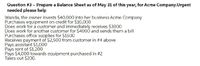 Question #3 - Prepare a Balance Sheet as of May 31 of this year, for Acme Company.Urgent
needed please help
Wanda, the owner invests $40,000 into her business Acme Company
Purchases equipment on credit for $10,000
Does work for a customer and immediately receives $3000
Does work for another customer for $4000 and sends them a bill
Purchases office supplies for $1500
Receives payment of $2,500 from customer in #4 above
Pays assistant $1,000
Pays rent of $1,200
Pays $4,000 towards equipment purchased in #2
Takes out $200.
