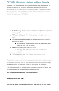 ACTIVITY II Respiratory Volume and Lung Capacity
Spirometry is the classic pulmonary function test. A spirometer is an instrument used to
measure how much air and how quickly air is expelled after a deep inhalation. The
measurements can be used to calculate how efficiently and how quickly the lungs can be
filled upon inspiration and emptied during expiration. The most common measurements
obtained from a spirometer are listed below.
. VC Vital Capacity-- Maximal amount of air exhaled steadily from full inspiration to
maximal expiration
I FVC Forced vital capacity-- The total amount of air that you blow out in one
breath
· FEV1--Forced expiratory volume in one second--the amount of air you can
blow out in one second.
An individual with normal lungs and airways can blow out most of the
air from the lungs in the first second
I FER Forced expiratory ratio--(FEV1/FVC)x100
• Percentage of the FVC expelled in the first second of a forced
expiration
PEF Peak expiratory flow--Peak expiratory flow in liters per minute
The spirometer measures peak expiratory flow, a useful indicator of lung function to assess
conditions such as asthma. Peak flow readings are achieved by standing or sitting upright,
taking a deep breath, and blowing out through the spirometer as fast as possible.
Peak flow measurements are compared to other individuals for your age and height. See
the diagram below to see how age influences peak expiratory flow.
Why would someone have a higher than normal peak flow?
A lower than normal peak flow?
How does age appear to influence peak expiratory flow? Why do you think this is?
