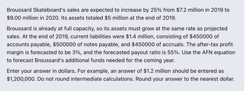 Broussard Skateboard's sales are expected to increase by 25% from $7.2 million in 2019 to
$9.00 million in 2020. Its assets totaled $5 million at the end of 2019.
Broussard is already at full capacity, so its assets must grow at the same rate as projected
sales. At the end of 2019, current liabilities were $1.4 million, consisting of $450000 of
accounts payable, $500000 of notes payable, and $450000 of accruals. The after-tax profit
margin is forecasted to be 3%, and the forecasted payout ratio is 55%. Use the AFN equation
to forecast Broussard's additional funds needed for the coming year.
Enter your answer in dollars. For example, an answer of $1.2 million should be entered as
$1,200,000. Do not round intermediate calculations. Round your answer to the nearest dollar.