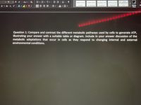 v 11
v A A
Aa v
AaBbCcDdEe AaBbCcDc AaBbCcDdE AaBb(
AaBbCcDdEe
Styles
Pane
DE
U v ab x, x A 2v A v
田。
No Spacing
Heading 1
Normal
Heading 2
Title
Question 1: Compare and contrast the different metabolic pathways used by cells to generate ATP,
illustrating your answer with a suitable table or diagram. Include in your answer discussion of the
metabolic adaptations that occur in cells as they respond to changing internal and external
environmental conditions.
