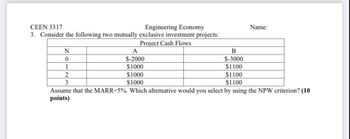 CEEN 3317
Engineering Economy
3. Consider the following two mutually exclusive investment projects:
Project Cash Flows
A
$-2000
$1000
$1000
$1000
N
0
1
2
3
B
$-3000
$1100
$1100
$1100
Name:
Assume that the MARR=5%. Which alternative would you select by using the NPW criterion? (10
points)