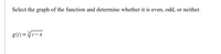 Select the graph of the function and determine whether it is even, odd,
or neither.
g(1) = V1-4
%3D
