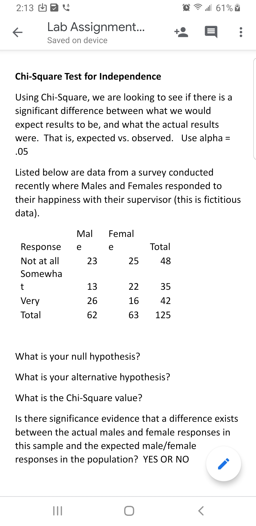 61%
2:13
Lab Assignment...
Saved on device
Chi-Square Test for Independence
Using Chi-Square, we are looking to see if there is a
significant difference between what we would
expect results to be, and what the actual results
were. That is, expected vs. observed. Use alpha
05
Listed below are data from a survey conducted
recently where Males and Females responded to
their happiness with their supervisor (this is fictitious
data)
Femal
Mal
Total
Response
е
е
23
48
Not at all
25
Somewha
22
13
35
26
16
42
Very
Total
62
63
125
What is your null hypothesis?
What is your alternative hypothesis?
What is the Chi-Square value?
Is there significance evidence that a difference exists
between the actual males and female responses in
this sample and the expected male/female
responses in the population? YES OR NO
II
