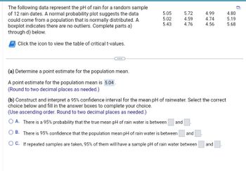 The following data represent the pH of rain for a random sample
of 12 rain dates. A normal probability plot suggests the data
could come from a population that is normally distributed. A
boxplot indicates there are no outliers. Complete parts a)
through d) below.
Click the icon to view the table of critical t-values.
(a) Determine a point estimate for the population mean.
A point estimate for the population mean is 5.04.
(Round to two decimal places as needed.)
5.05
5.02
5.43
5.72
4.59
4.76
4.99
4.74
4.56
(b) Construct and interpret a 95% confidence interval for the mean pH of rainwater. Select the correct
choice below and fill in the answer boxes to complete your choice.
(Use ascending order. Round to two decimal places as needed.)
O A. There is a 95% probability that the true mean pH of rain water is between and
OB. There is 95% confidence that the population mean pH of rain water is between and
OC. If repeated samples are taken, 95% of them will have a sample pH of rain water between
and
4.80
5.19
5.68