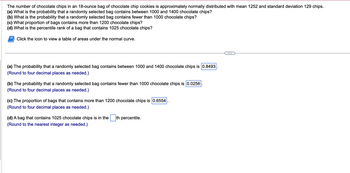 The number of chocolate chips in an 18-ounce bag of chocolate chip cookies is approximately normally distributed with mean 1252 and standard deviation 129 chips.
(a) What is the probability that a randomly selected bag contains between 1000 and 1400 chocolate chips?
(b) What is the probability that a randomly selected bag contains fewer than 1000 chocolate chips?
(c) What proportion of bags contains more than 1200 chocolate chips?
(d) What is the percentile rank of a bag that contains 1025 chocolate chips?
Click the icon to view a table of areas under the normal curve.
(a) The probability that a randomly selected bag contains between 1000 and 1400 chocolate chips is 0.8493
(Round to four decimal places as needed.)
(b) The probability that a randomly selected bag contains fewer than 1000 chocolate chips is 0.0256
(Round to four decimal places as needed.)
(c) The proportion of bags that contains more than 1200 chocolate chips is 0.6554
(Round to four decimal places as needed.)
(d) A bag that contains 1025 chocolate chips is in the th percentile.
(Round to the nearest integer as needed.)