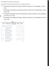 Journalizing Purchases Transactions
Journalize the following transactions in a general journal:
May 3 Purchased merchandise from Reed, $6,540. Invoice No. 321, dated May 1, terms
n/30.
' Purchased merchandise from Omana, $2,430. Invoice No. 614, dated May 8, terms
2/10, n/30.
18 Purchased merchandise from Yao Distributors, $2,030. Invoice No. 180, dated May
15, terms 1/15, n/30.
23 Purchased merchandise from Brown, $5,460. Invoice No. 913, dated May 22, terms
1/10, n/30.
Page:
DOC. POST.
NO. REF.
DATE ACCOUNT TITLE
DEBIT
CREDIT
20--
May 3
3.
Invoice No. 321
3.
4
9.
4
5
6.
Invoice No. 614
7 18
9
Invoice No. 180
9
10 23
10
11
11
12
Invoice No. 913
12
