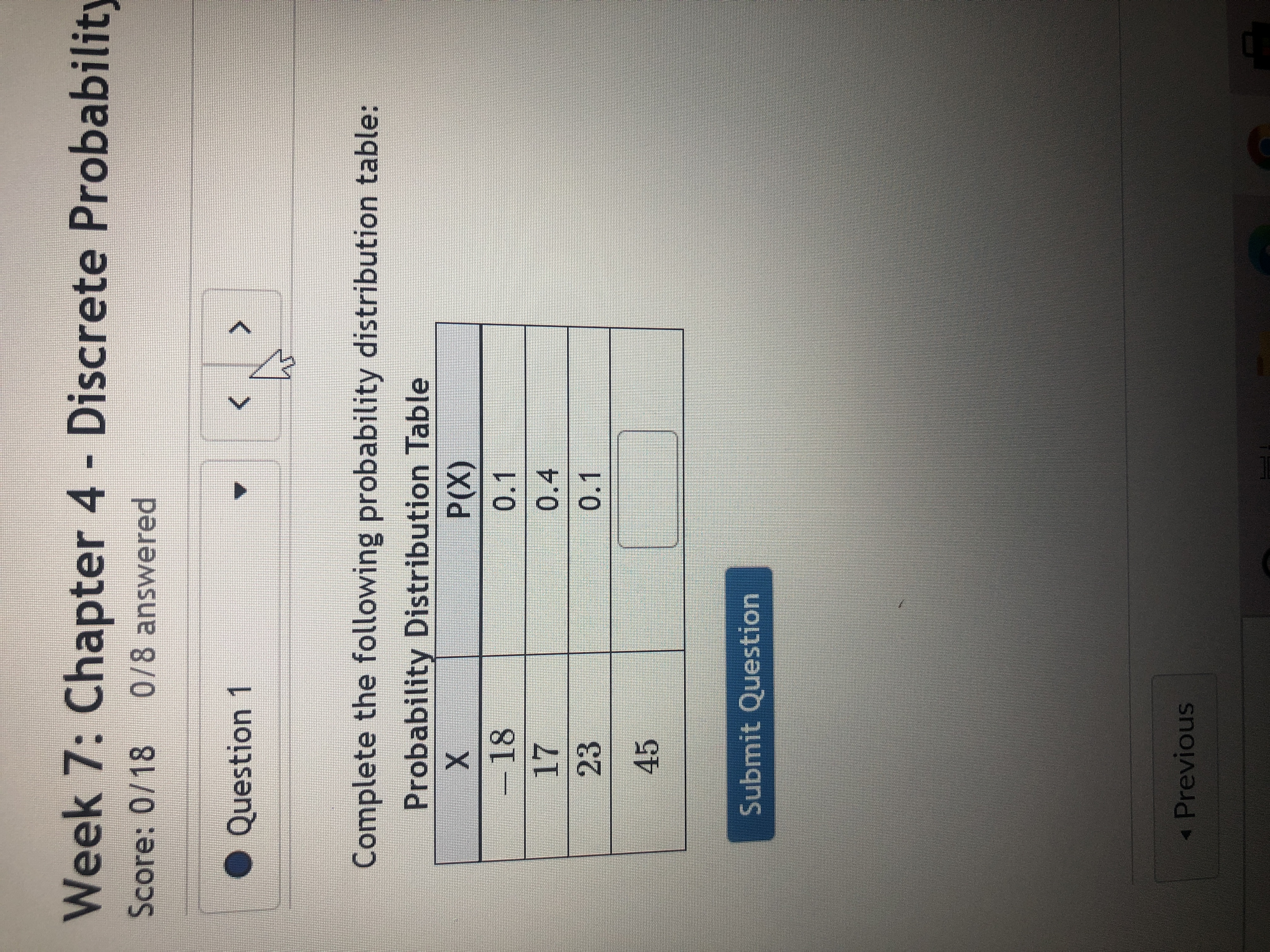 **Week 7: Chapter 4 - Discrete Probability**

**Score:** 0/18

**Questions Answered:** 0/8

---

### Question 1

**Complete the following probability distribution table:**

#### Probability Distribution Table

| X   | P(X) |
|-----|------|
| -18 | 0.1  |
| 17  | 0.4  |
| 23  | 0.1  |
| 45  |      |

The table above outlines a discrete probability distribution. Your task is to complete the missing probability value for X = 45 to ensure that the sum of all probabilities equals 1, which is a fundamental property of probability distributions.

To submit your answer, click the "Submit Question" button.

--- 

Use the arrow keys or navigation buttons to move between questions or access previous sections.