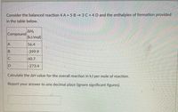 **Calculating the Enthalpy Change of a Reaction**

Consider the balanced reaction:

\[ 4 \text{A} + 5 \text{B} \rightarrow 3 \text{C} + 4 \text{D} \]

The enthalpies of formation (\(\Delta H_f\)) for the compounds involved in the reaction are provided in the table below:

| Compound | \(\Delta H_f\) (kJ/mol) |
|----------|--------------------------|
| A        | 56.4                     |
| B        | -399.9                   |
| C        | 60.7                     |
| D        | -273.4                   |

**Task:** Calculate the \(\Delta H\) value for the overall reaction in kJ per mole of reaction.

**Instructions:** Report your answer to one decimal place (ignore significant figures).

The enthalpy change (\(\Delta H\)) for the reaction can be calculated using the formula:

\[ \Delta H_{reaction} = \sum \Delta H_f (\text{products}) - \sum \Delta H_f (\text{reactants}) \]

Where:
- \(\sum \Delta H_f (\text{products})\) is the sum of the enthalpies of formation of the products, each multiplied by their respective coefficients from the balanced equation.
- \(\sum \Delta H_f (\text{reactants})\) is the sum of the enthalpies of formation of the reactants, each multiplied by their respective coefficients from the balanced equation.

**Step-by-Step Calculation:**
1. **Calculate the total \(\Delta H_f\) for the products:**
   - \(3 \times \Delta H_f(\text{C}) = 3 \times 60.7 \, \text{kJ/mol} = 182.1 \, \text{kJ/mol}\)
   - \(4 \times \Delta H_f(\text{D}) = 4 \times (-273.4) \, \text{kJ/mol} = -1093.6 \, \text{kJ/mol}\)
   - Total \(\Delta H_f\) for products = \(182.1 \, \text{kJ/mol} + (-1093.6 \, \text{kJ/mol}) = -911.5 \, \text{kJ/mol}\)

2. **Calculate the total \(\Delta
