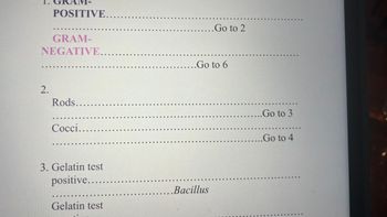 KAM-
2.
POSITIVE......
GRAM-
NEGATIVE.....
Rods......
Cocci.....
3. Gelatin test
positive.....
Gelatin test
...
...Go to 2
.....Go to 6
Bacillus
Go to 3
......Go to 4