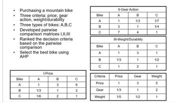 •
•
Purchasing a mountain bike
Three criteria: price, gear
action, weight/durability
Three types of bikes: A,B,C
Developed pairwise
comparison matrices I,II,III
Ranked the decision criteria
based on the pairwise
comparison
Il-Gear Action
Bike
A
B
C
A
1
1/3
1/7
B
3
1
1/4
C
7
4
1
III-Weight/Durability
Bike
A
B
C
Select the best bike using
A
1
3
1
AHP
B
1/3
1
1/2
C
1
2
1
I-Price
Criteria
Price
Gear
Weight
Bike
A
B
C
Price
1
3
5
A
1
3
6
B
1/3
1
2
Gear
1/3
1
2
C
1/6
2
1
Weight
1/5
1/2
1