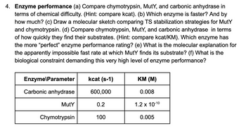 4. Enzyme performance (a) Compare chymotrypsin, MutY, and carbonic anhydrase in
terms of chemical difficulty. (Hint: compare kcat). (b) Which enzyme is faster? And by
how much? (c) Draw a molecular sketch comparing TS stabilization strategies for Muty
and chymotrypsin. (d) Compare chymotrypsin, Muty, and carbonic anhydrase in terms
of how quickly they find their substrates. (Hint: compare kcat/KM). Which enzyme has
the more "perfect" enzyme performance rating? (e) What is the molecular explanation for
the apparently impossible fast rate at which Muty finds its substrate? (f) What is the
biological constraint demanding this very high level of enzyme performance?
Enzyme\Parameter
Carbonic anhydrase
Muty
Chymotrypsin
kcat (s-1)
600,000
0.2
100
KM (M)
0.008
1.2 x 10-10
0.005