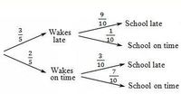 This image is a probability tree diagram used to determine the likelihood of arriving at school late or on time based on whether a person wakes up late or on time.

### Explanation of the Diagram:

1. **Initial Split**:
   - The first decision point is whether the individual wakes late or on time.
   - **Wakes late** has a probability of \( \frac{3}{5} \).
   - **Wakes on time** has a probability of \( \frac{2}{5} \).

2. **Second Level Outcomes**:
   - Given that a person wakes late:
     - The probability of being **school late** is \( \frac{9}{10} \).
     - The probability of being **school on time** is \( \frac{1}{10} \).
   - Given that a person wakes on time:
     - The probability of being **school late** is \( \frac{3}{10} \).
     - The probability of being **school on time** is \( \frac{7}{10} \).

### Summary:
The tree structure helps visualize compound probabilities by breaking them into sequential stages. The probability of each outcome is computed by multiplying the probabilities along the branches. This tool is useful in educational settings for teaching probability concepts and decision-making processes.