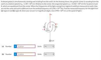 A distant galaxy is simultaneously rotating and receding from the earth. As the drawing shows, the galactic center is receding from the
earth at a relative speed of ug = 2.30 × 106 m/s. Relative to the center, the tangential speed is V₁ = 0.310 × 106 m/s for locations A and
B, which are equidistant from the center. When the frequencies of the light coming from regions A and B are measured on earth, they
are not the same and each is different from the emitted frequency of 9.296 × 10¹4 Hz. Find the measured frequency for the light from
(a) region A and (b) region B. (Give your answer to 4 significant digits. Use 2.998 × 108 m/s as the speed of light.)
(a) Number
(b) Number
i
9.21E14
9.23E14
יזע
Galaxy
Units Hz
Units Hz
ING
Earth
די.
B