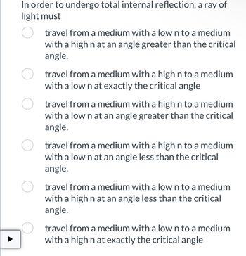 In order to undergo total internal reflection, a ray of
light must
travel from a medium with a low n to a medium
with a high n at an angle greater than the critical
angle.
travel from a medium with a high n to a medium
with a low n at exactly the critical angle
travel from a medium with a high n to a medium
with a low n at an angle greater than the critical
angle.
travel from a medium with a high n to a medium
with a low n at an angle less than the critical
angle.
travel from a medium with a low n to a medium
with a high n at an angle less than the critical
angle.
travel from a medium with a low n to a medium
with a high n at exactly the critical angle