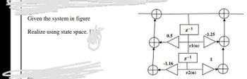 Given the system in figure
Realize using state space.
0.5
-1.16
2-1
rl(n)
Z-1
r2(n)
-1.25