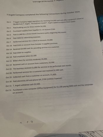 T'Argett Company completed the following transactions during October 2024:
Oct 1
T'Argett Company began operations by receiving $15,000 cash and office equipment valued at
$8,000 from T. Argett. The business issued T. Argett capital to acquire these assets.
Oct 1
Paid building rent for three months $4,200.
Oct 2
Purchased supplies from Supplies Co. on account $700.
Oct 3
Paid $1,800 for a three-month insurance policy beginning this month.
Oct 4
Paid $600 for advertising expenses.
Oct 7
Performed services for a client on account, $3,000.
Oct 10 Paid $350 on account from October 3 supplies purchase.
Oct 14 Received $4,400 cash for providing services to a customer.
Oct 16 Paid $500 for supplies.
Oct 18 Paid employee salary $2,100.
Oct 21 Billed client for services rendered, $5,000.
Oct 24 Received cash on account from customers, $3,500
Oct 25 The business received $1,800 for services to be performed next month.
Oct 28 Performed services for a customer and received $2,200 cash.
Oct 29 Collected cash from a customer on account, $1,400.
Oct 30 Paid electricity bill and phone bill, $700 (Utilities Expense).
Oct 31 T. Argett withdrew cash $2,500.
Oct 31 Purchased a new computer (Office Equipment) for $1,100 paying $600 cash and the remainder
on account.
г 2
ue
ce Rev
nts