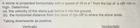 A stone is projected horizontally with a speed of 15 m s-1 from the top of a cliff 100 m
high. Determine
(a) the velocity of the stone just before it hits the ground,
(b) the horizontal distance from the base of the cliff to where the stone lands.
Taking downwards as positive,
Vertically
Horizontally
