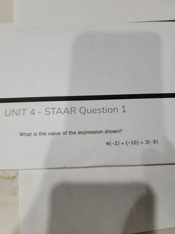 UNIT 4 - STAAR Question 1
What is the value of the expression shown?
4(-2) + (−10) + 3(−8)