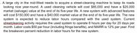 . A large city in the mid-West needs to acquire a street-cleaning machine to keep its roads
looking nice year-round. A used cleaning vehicle will cost $85,000 and have a $20,000
market (salvage) value at the end of its five-year life. A new system with advanced features
will cost $150,000 and have a $40,000 market value at the end of its five-year life. The new
system is expected to reduce labor hours compared with the used system. Current
streetcleaning activity requires the used system to operate 8 hours per day for 20 days per
month. Labor costs $50 per hour (including fringe benefits), and MARR is 12% per year. Find
the breakeven percent reduction in labor hours for the new system.
