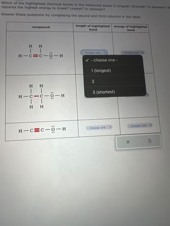 **Educational Text Transcription:**

---

**Instructions:**

Which of the highlighted chemical bonds in the molecules below is longest? Shortest? In between? Which requires the highest energy to break? Lowest? In between?

Answer these questions by completing the second and third columns in the table.

---

**Table Overview:**

The table consists of three columns:

1. **Compound (Diagram Representation)**
2. **Length of Highlighted Bond**
3. **Energy of Highlighted Bond**

**Diagram and Dropdowns:**

1. **First Compound:**
   - Structure: H—C≡C—OH
   - Selected bond: Carbon triple bond (C≡C).
   - Dropdown in "Length of Highlighted Bond" Column:
     - Options: 
       - 1 (longest)
       - 2
       - 3 (shortest)

2. **Second Compound:**
   - Structure: H—C—C=O—H
   - Selected bond: Carbon double bond (C=C).
   - Dropdowns in both columns for bond length and energy:
     - Options:
       - 1 (longest)
       - 2
       - 3 (shortest)

3. **Third Compound:**
   - Structure: H—C=C=O—H
   - Selected bond: Carbon-oxygen bond (C=O).
   - Dropdown in "Length of Highlighted Bond" Column:
     - Options:
       - 1 (longest)
       - 2
       - 3 (shortest)

**Task:**

Select the appropriate bond length and energy ranking for each compound based on bond characteristics.

--- 

This transcription and table interpretation guide learners in understanding the relationship between bond lengths and energy requirements in chemical compounds.