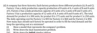 (d) A company has three factories. Each factory produces three different products (A, B and C).
Factory 1 has a daily production capacity production of 8 units of A, 4 units of B and 8 units
of C. Factory 2 has a daily production capacity of 6 units of A, 6 units of B and 3 units of C.
Factory 3 has a production capacity of 12 units of A, 4 units of B and 8 units of C. The total
demand for product A is 300 units, for product B is 172 units and for product C is 250 units.
The daily operating cost for Factory 1 is $55 for Factory 2 is $60 and for Factory 3
How many days should each factory be operated in order to fill the total demand and the
keep the operating cost at a minimum?
(i)
(ii)
(iii)
$50.
Show a model that represents the company's problem.
Write down the dual maximization problem.
Write down the initial simplex tableau.
