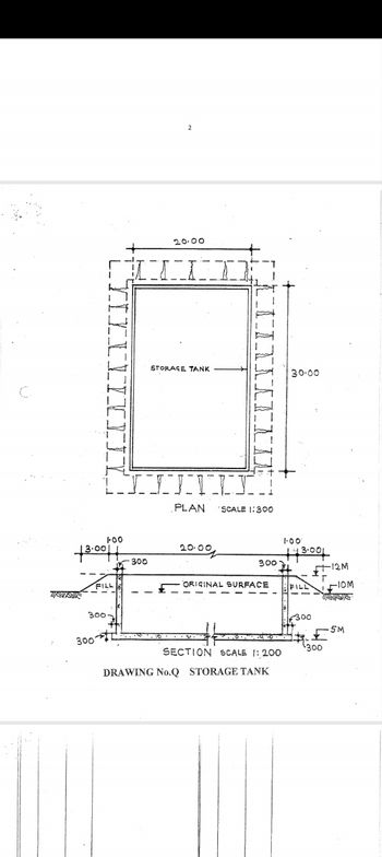 2
20.00
STORAGE TANK
30.00
C
13.00
100
FILL
300-
300
TIIVI
300
PLAN
SCALE 1:300
20.0원
1.00'
143.001
300
ORIGINAL SURFACE
12M
FILL
110M
300
5M
300
SECTION SCALE 1:200
DRAWING No.Q STORAGE TANK