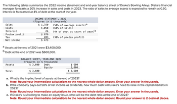 The following tables summarize the 2022 income statement and end-year balance sheet of Drake's Bowling Alleys. Drake's financial
manager forecasts a 20% increase in sales and costs in 2023. The ratio of sales to average assets is expected to remain at 0.50.
Interest is forecasted at 4% of debt at the start of the year.
Sales
Costs
Interest
Pretax profit
Tax
Net income
INCOME STATEMENT, 2022
(Figures in $ thousands)
$ 1,750
1,050
(50% of average assets) a
(60% of sales)
(4% of debt at start of year) b
24
$ 676
203
$ 473
(30% of pretax profit)
a
b
Assets at the end of 2021 were $3,400,000.
Debt at the end of 2021 was $600,000.
Assets
Total
BALANCE SHEET, YEAR-END 2022
(Figures in $ thousands)
$ 3,600
$ 3,600
Debt
Equity
$ 600
3,000
$ 3,600
a. What the implied level of assets at the end of 2023?
Note: Round your intermediate calculations to the nearest whole dollar amount. Enter your answer in thousands.
b. If the company pays out 50% of net income as dividends, how much cash will Drake's need to raise in the capital markets in
2023?
Note: Round your intermediate calculations to the nearest whole dollar amount. Enter your answer in thousands.
c. If Drake's is unwilling to make an equity issue, what will be the debt ratio at the end of 2023?
Note: Round your intermediate calculations to the nearest whole dollar amount. Round your answer to 2 decimal places.