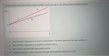 Just by looking at the figure below, which portfolio should you add to your already well diversified portfolio?
E(r)
B
a. Only Portfolio Y, because ay is positive and portfolio Y has lower systematic risk than portfolio X
O b. Only Portfolio X, because ax is positive and higher than ay
Oc. Both X and Y, because both have positive alphas
Od. Indifferent between X and Y, because both give same expected return per unit of 8