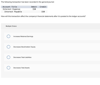 The following transaction has been recorded in the general journal:
Account Title
Credit
Interest Expense
Interest Payable
150
How will this transaction affect the company's financial statements after it is posted to the ledger accounts?
Multiple Choice
Debit
150
Increases Retained Earnings
Decreases Stockholders' Equity
Decreases Total Liabilities
Decreases Total Assets